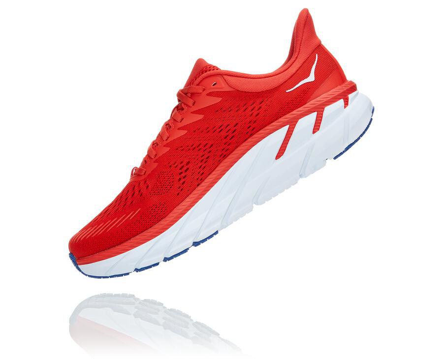 Hoka One One Mens Running Shoes - Clifton 7 - Red/White - IOQX84935